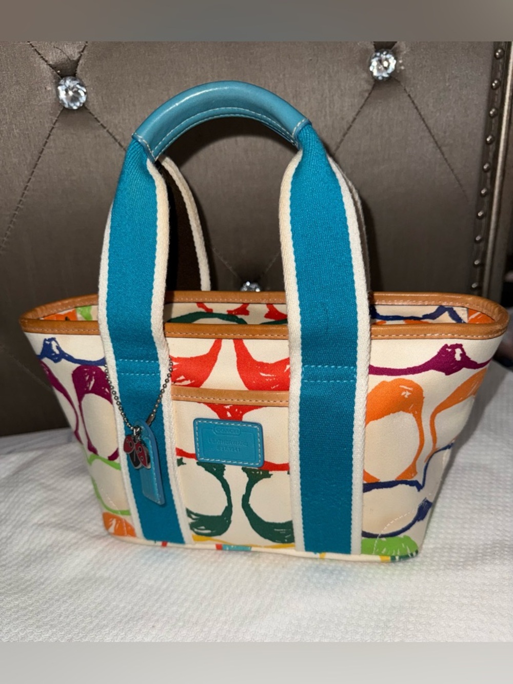 Vintage Coach Hamptons Scribbles Mini Tote Bag with ladybug charm. Y2K